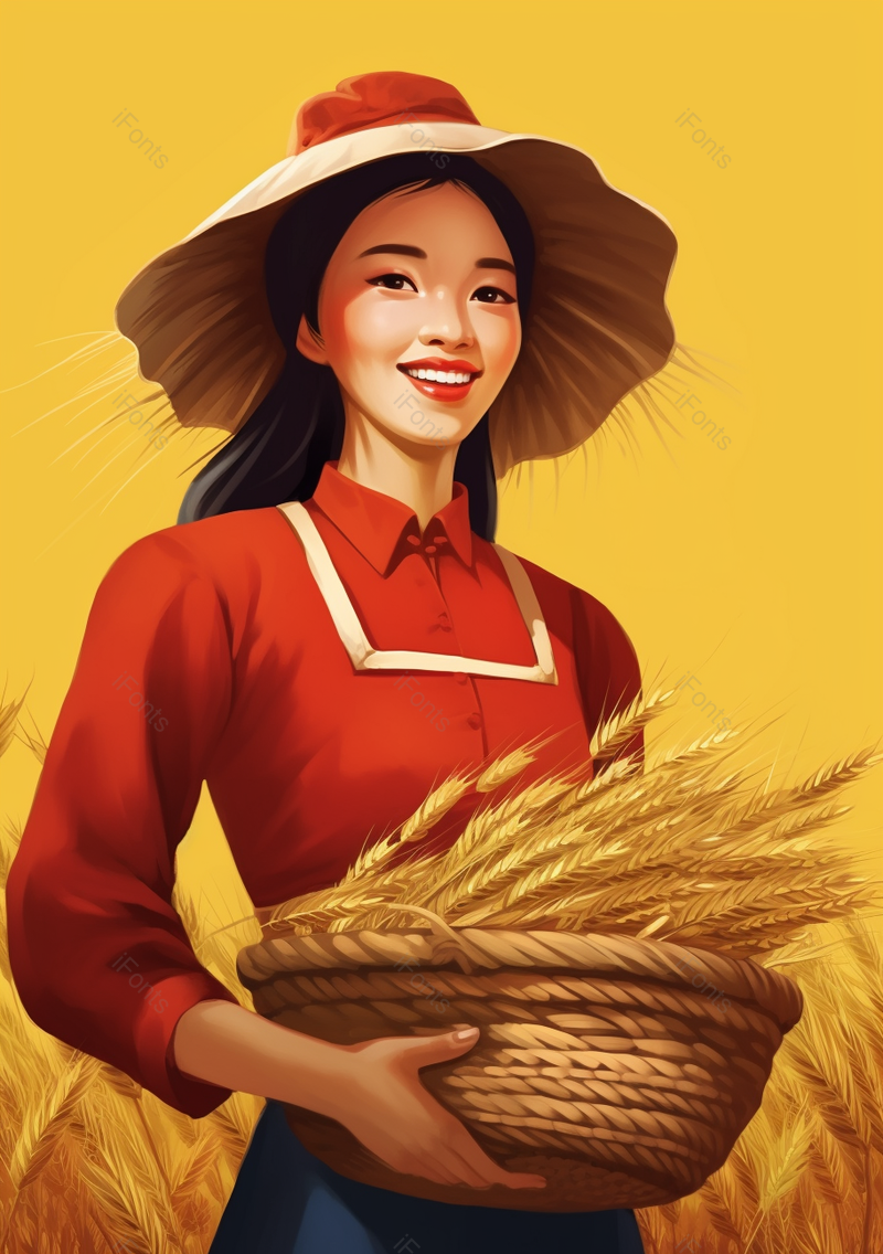 女孩红色衣服端起麦子收割收获麦子麦穗秋季丰收金色插画,插画/手绘图,插画/手绘图库,插画/手绘图下载,插画/手绘